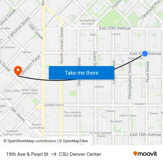 19th Ave & Pearl St to CSU Denver Center map