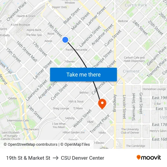 19th St & Market St to CSU Denver Center map