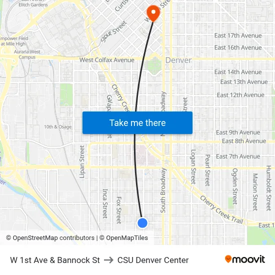 W 1st Ave & Bannock St to CSU Denver Center map