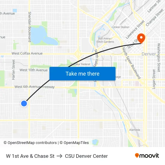 W 1st Ave & Chase St to CSU Denver Center map