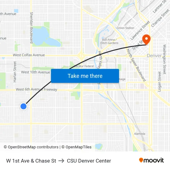 W 1st Ave & Chase St to CSU Denver Center map