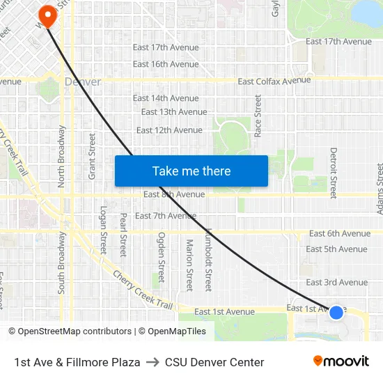 1st Ave & Fillmore Plaza to CSU Denver Center map