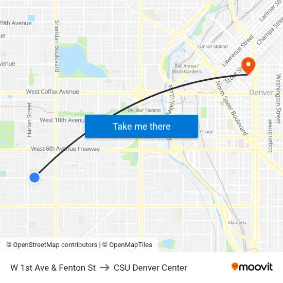 W 1st Ave & Fenton St to CSU Denver Center map