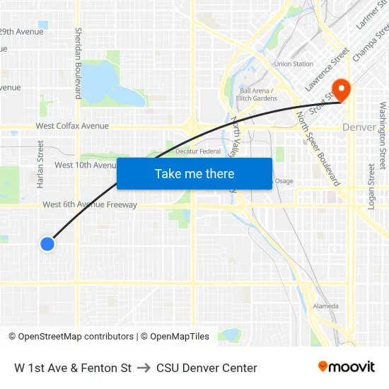 W 1st Ave & Fenton St to CSU Denver Center map