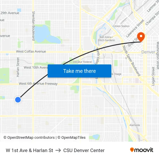 W 1st Ave & Harlan St to CSU Denver Center map