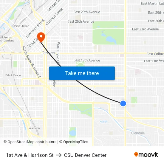1st Ave & Harrison St to CSU Denver Center map