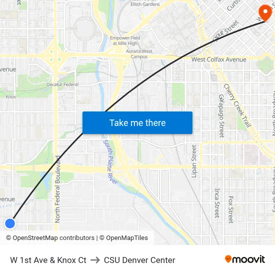 W 1st Ave & Knox Ct to CSU Denver Center map