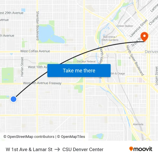 W 1st Ave & Lamar St to CSU Denver Center map