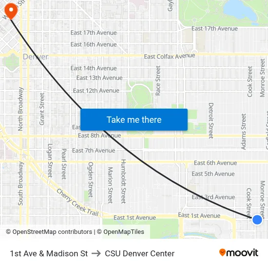 1st Ave & Madison St to CSU Denver Center map