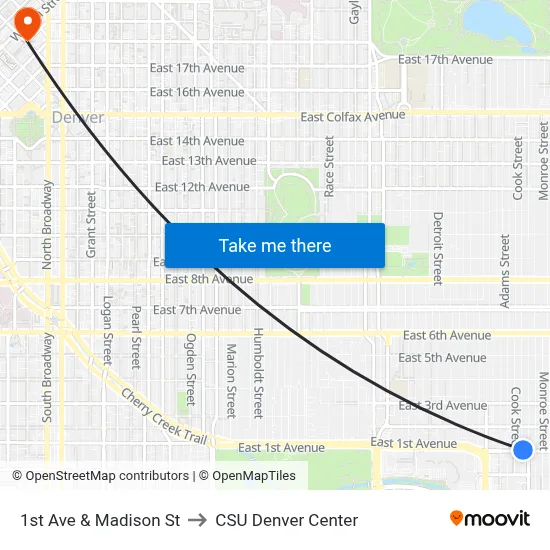1st Ave & Madison St to CSU Denver Center map