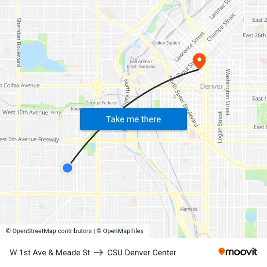 W 1st Ave & Meade St to CSU Denver Center map