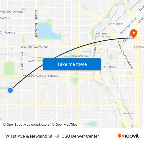 W 1st Ave & Newland St to CSU Denver Center map