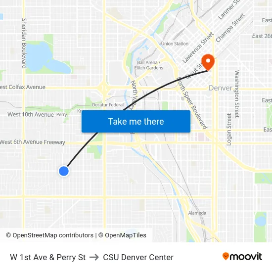 W 1st Ave & Perry St to CSU Denver Center map