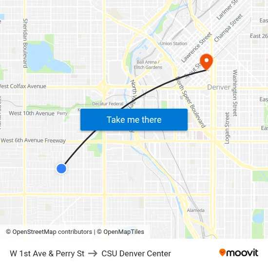 W 1st Ave & Perry St to CSU Denver Center map