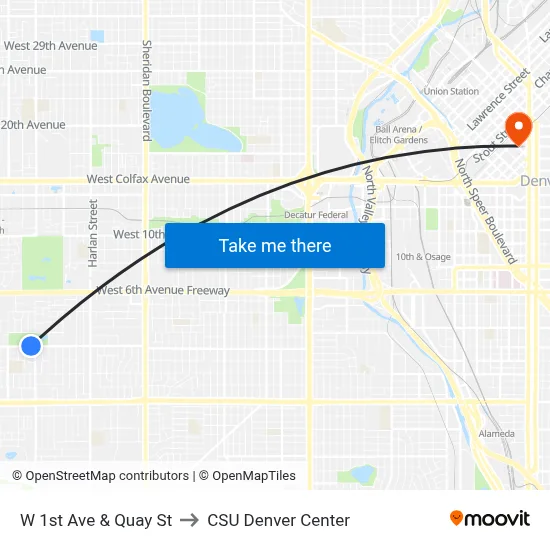 W 1st Ave & Quay St to CSU Denver Center map