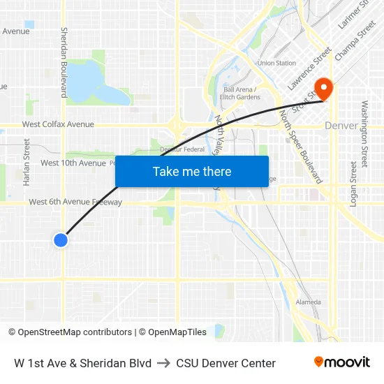 W 1st Ave & Sheridan Blvd to CSU Denver Center map