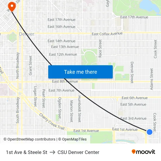 1st Ave & Steele St to CSU Denver Center map
