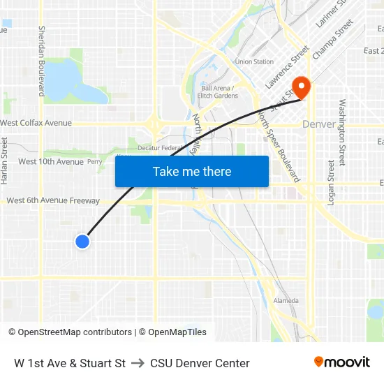 W 1st Ave & Stuart St to CSU Denver Center map