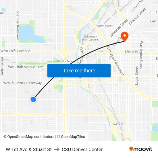 W 1st Ave & Stuart St to CSU Denver Center map