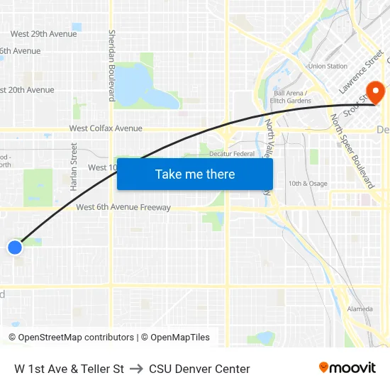 W 1st Ave & Teller St to CSU Denver Center map