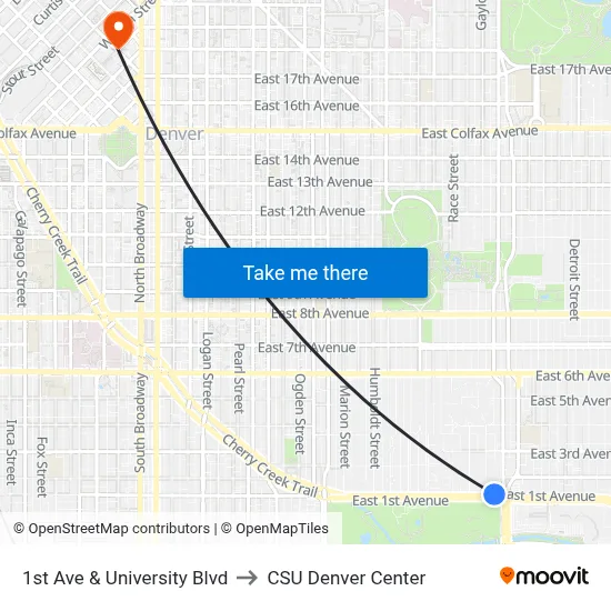 1st Ave & University Blvd to CSU Denver Center map