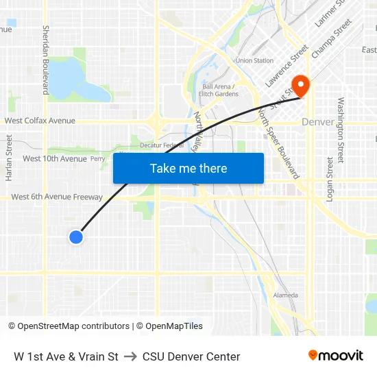 W 1st Ave & Vrain St to CSU Denver Center map