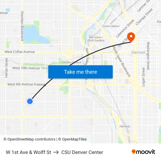 W 1st Ave & Wolff St to CSU Denver Center map