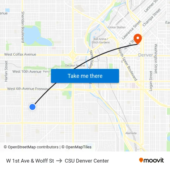 W 1st Ave & Wolff St to CSU Denver Center map