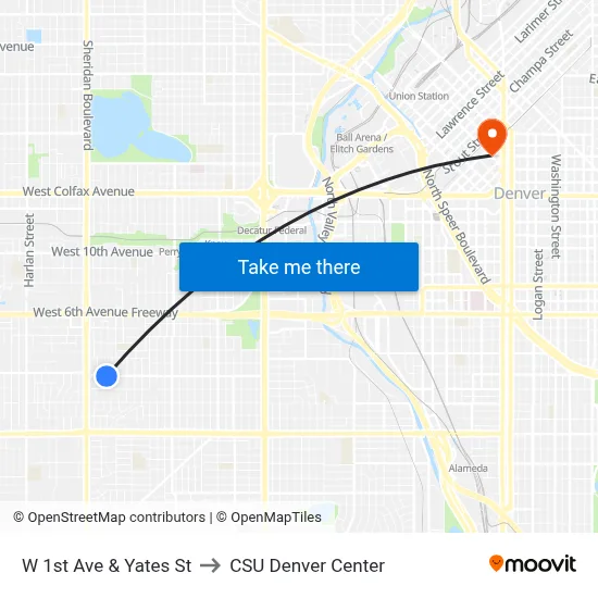 W 1st Ave & Yates St to CSU Denver Center map