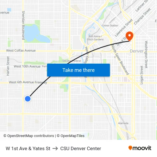 W 1st Ave & Yates St to CSU Denver Center map