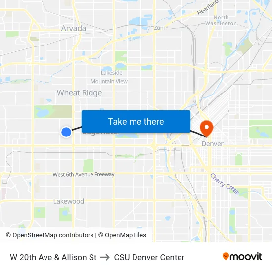 W 20th Ave & Allison St to CSU Denver Center map