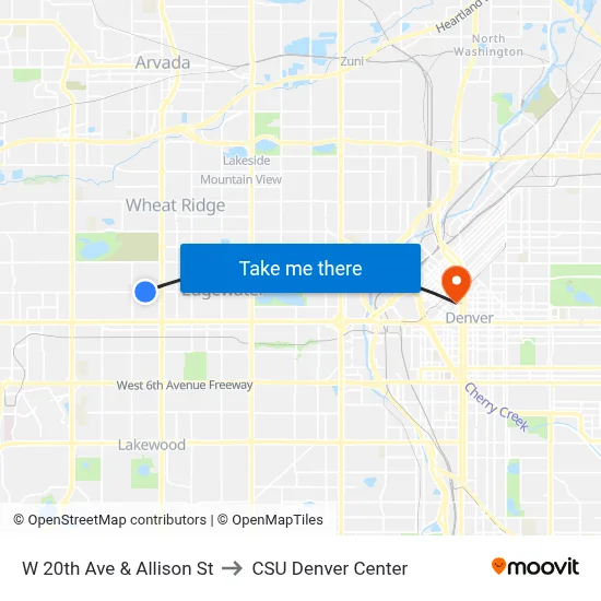W 20th Ave & Allison St to CSU Denver Center map