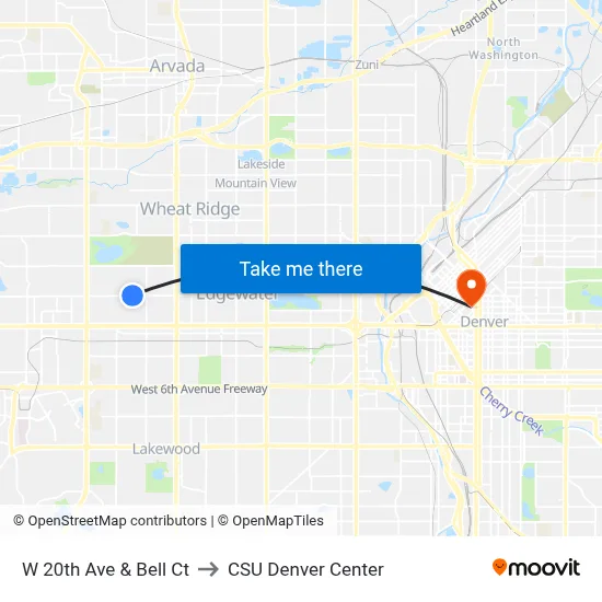 W 20th Ave & Bell Ct to CSU Denver Center map