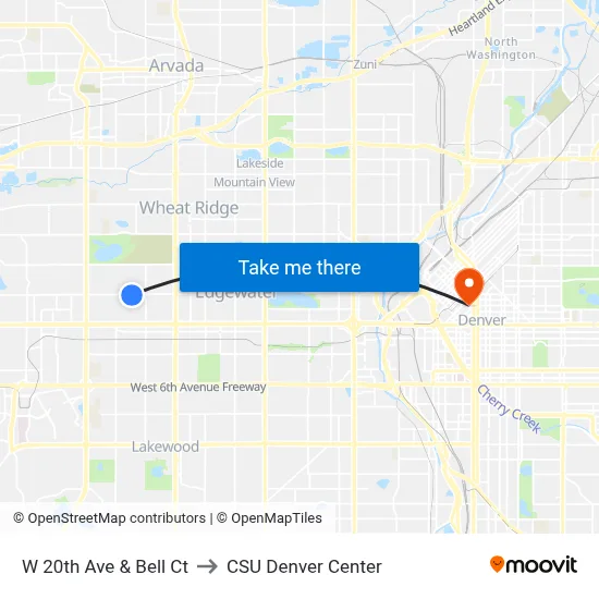 W 20th Ave & Bell Ct to CSU Denver Center map