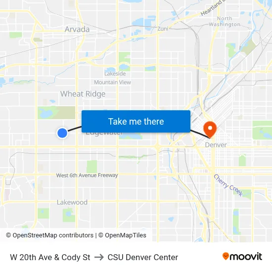 W 20th Ave & Cody St to CSU Denver Center map