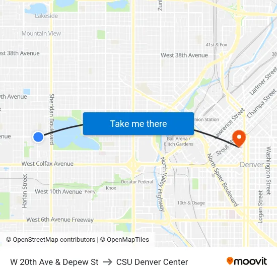 W 20th Ave & Depew St to CSU Denver Center map