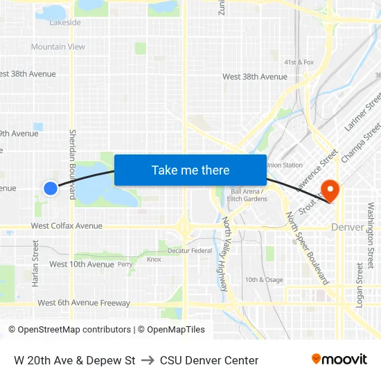 W 20th Ave & Depew St to CSU Denver Center map