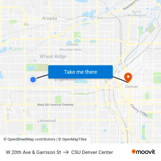 W 20th Ave & Garrison St to CSU Denver Center map