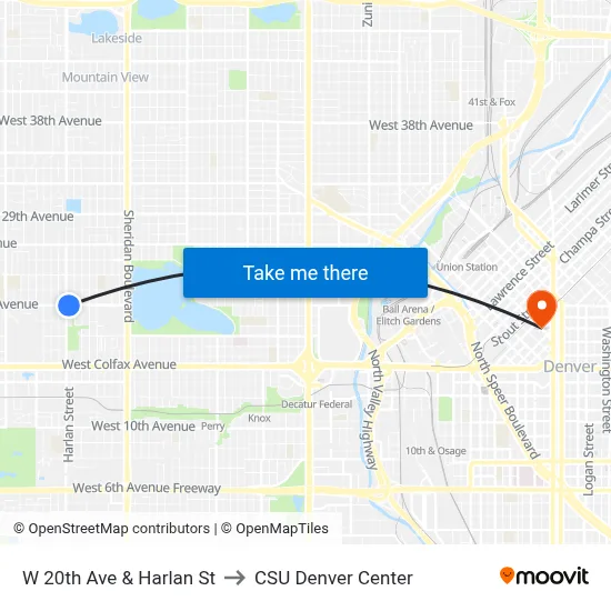 W 20th Ave & Harlan St to CSU Denver Center map