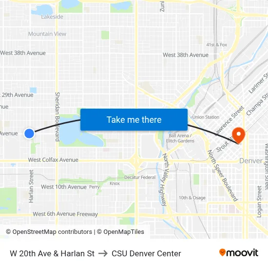 W 20th Ave & Harlan St to CSU Denver Center map