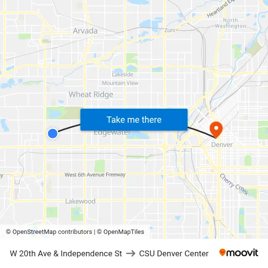 W 20th Ave & Independence St to CSU Denver Center map