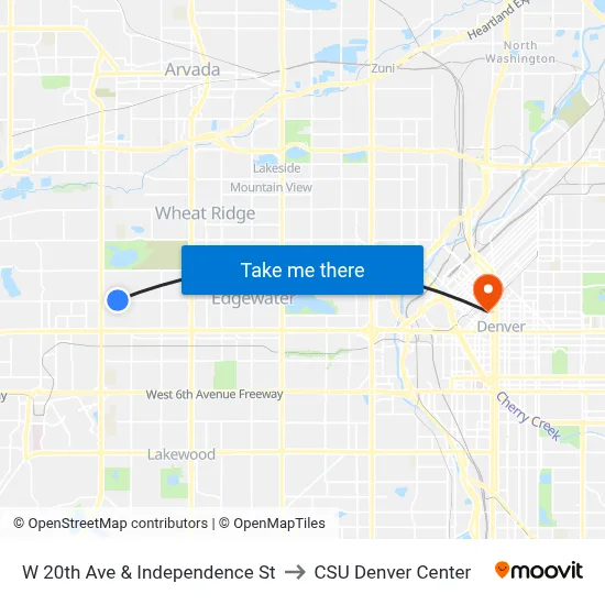 W 20th Ave & Independence St to CSU Denver Center map