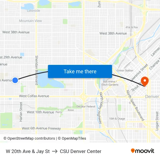 W 20th Ave & Jay St to CSU Denver Center map