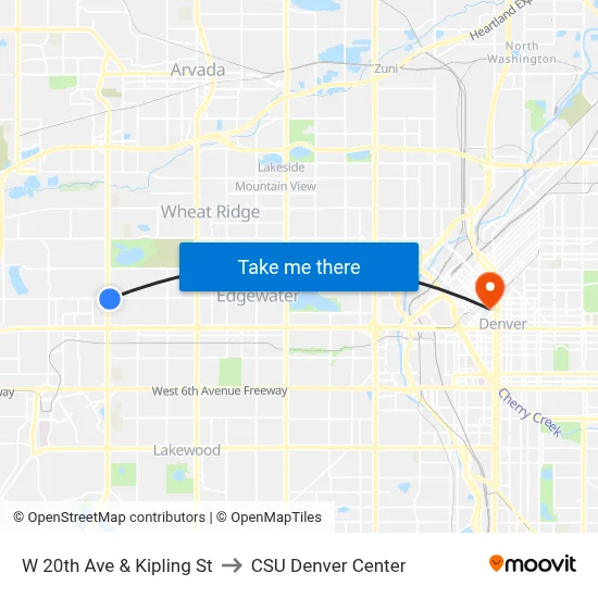 W 20th Ave & Kipling St to CSU Denver Center map