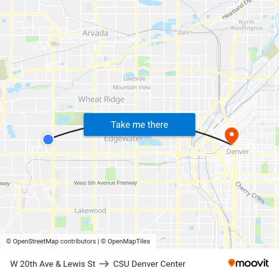 W 20th Ave & Lewis St to CSU Denver Center map