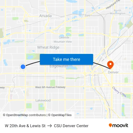W 20th Ave & Lewis St to CSU Denver Center map