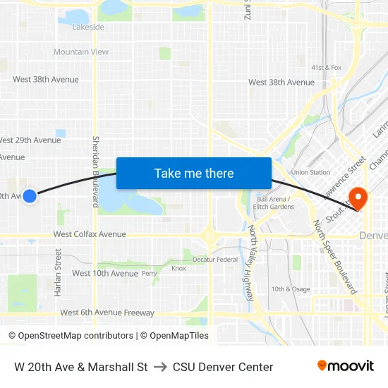 W 20th Ave & Marshall St to CSU Denver Center map