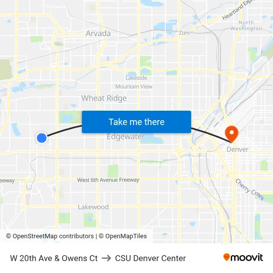 W 20th Ave & Owens Ct to CSU Denver Center map