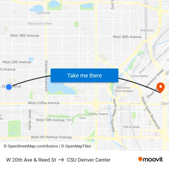 W 20th Ave & Reed St to CSU Denver Center map