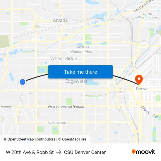 W 20th Ave & Robb St to CSU Denver Center map